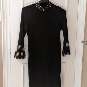 Calvin Klein Studded Bell Sleeve Sheath Dress - Black/Gold Size Small